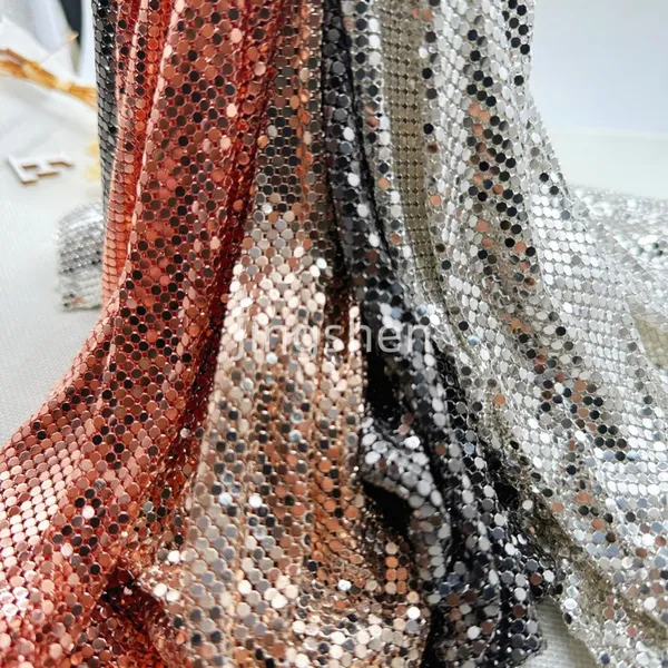 Trendy Metallic Sequined Bubblegum Pink Metallic Mesh Fabric, Suitable for Chainmail Dresses and Bags.