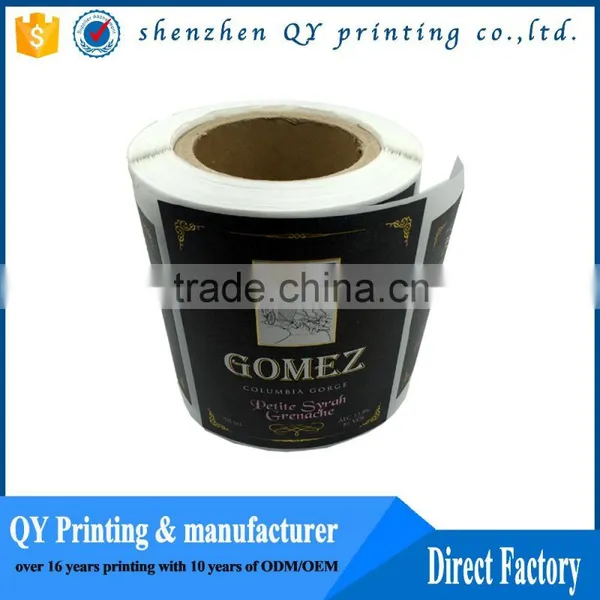 Qiyuan Printing Red Wine Bottle Label, Cheap Gold Foil Embossing Permanent Adhesive Stickers