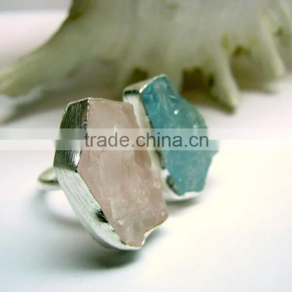 Aquamarine & Rose Quartz Rough Natural Gemstone Ring, 925 Solid Sterling Silver Ring, Designer Raw Bowl Shaped Ring photo-2