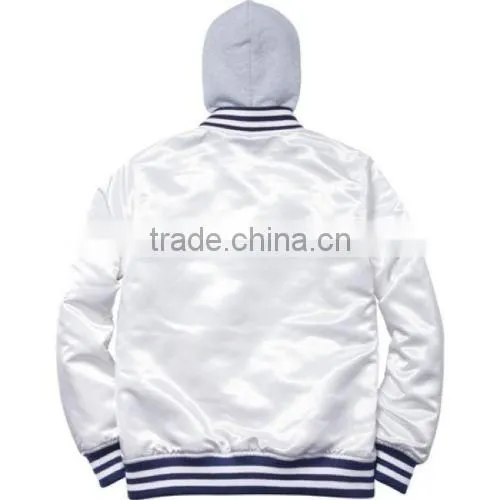 Satin Hooded Baseball Varsity Jacket / White Satin Varsity Jacket photo-2