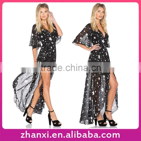 Stars Printing Chiffon v Neck Long Women Frock One Piece Girls Party Sexy Maxi Slit Dress