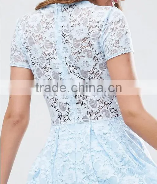 Guangzhou Clothing OEM Blue Pleated Skirt Lace Mini T-Shirt Dress photo-6