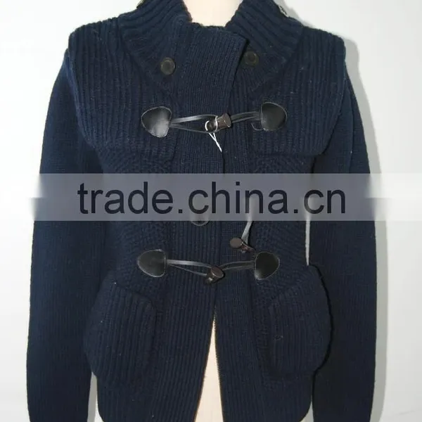 ECO LEATHER BUTTON FASTENING PURE WOOLEN CARDIGAN