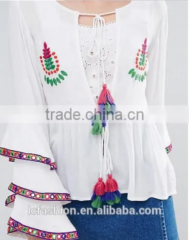 New Designs Fashion Hot Sale Boho Blouse Embroidered Layered Sleeve Women Tops Blouse photo-2