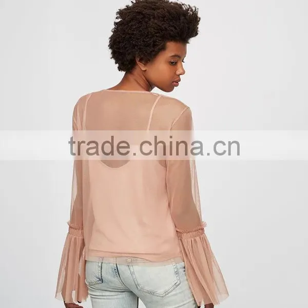 Wholesale Woman Fashion Ruffle Flounced Sleeve Soft Mesh Lady Tops photo-3