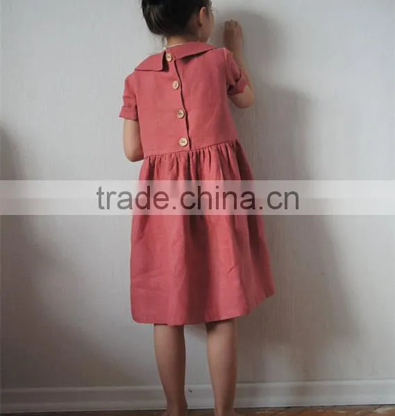 Pink Coral Wholesale Clothing Linen Dress Peter Pan Collar Child Clothes photo-5