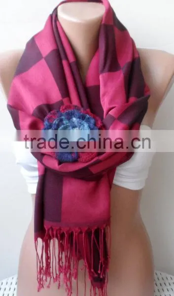 Burgundy Shawls With Rose, Plaid Pattern Scarf, Crochet Rose, Fashion Scarf, Plaid Pattern Scarf, Elegant, Bridesmaid Shawls, We photo-4