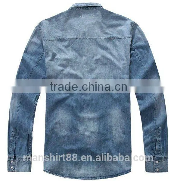 Denim Long Sleeve Shirts Double Pockets Stitching Men Shirts photo-2