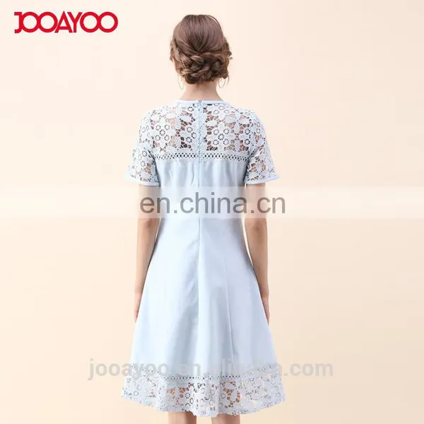 Women Elegant Short Sleeve Flower Lace Embroidered Crochet Dress in Blue photo-3