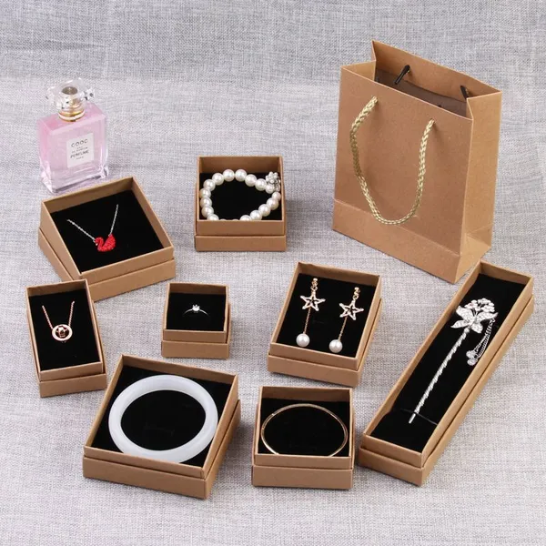 Custom Kraft Paper Drawer Jewelry Box Set Black Lining Jewelry Packaging Gift Box With Bag