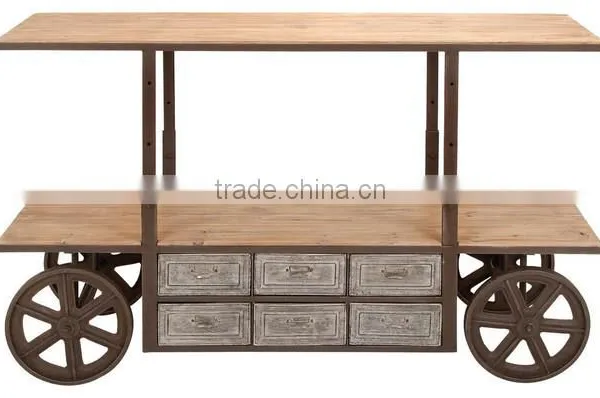 Vintage Industrial Living Room Furniture, Living Room Console table antique metal wheel cart