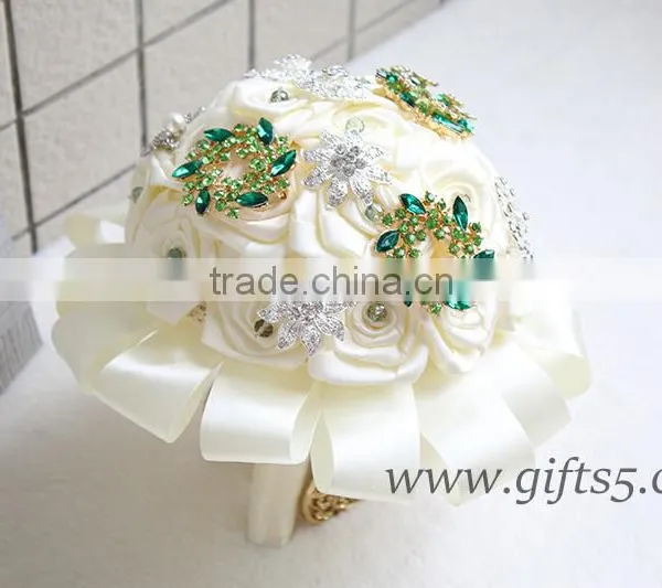 Romantic Wedding Bouquet Full of Crystal Beads and Green Brooches photo-3