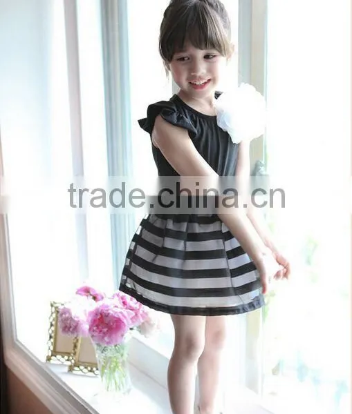 2015 Summer Girls Dress Girls Princess Stripe Dress 3D Flower Color Cute Pageant Party Wedding Costume Kids Clothing Best Gift photo-3
