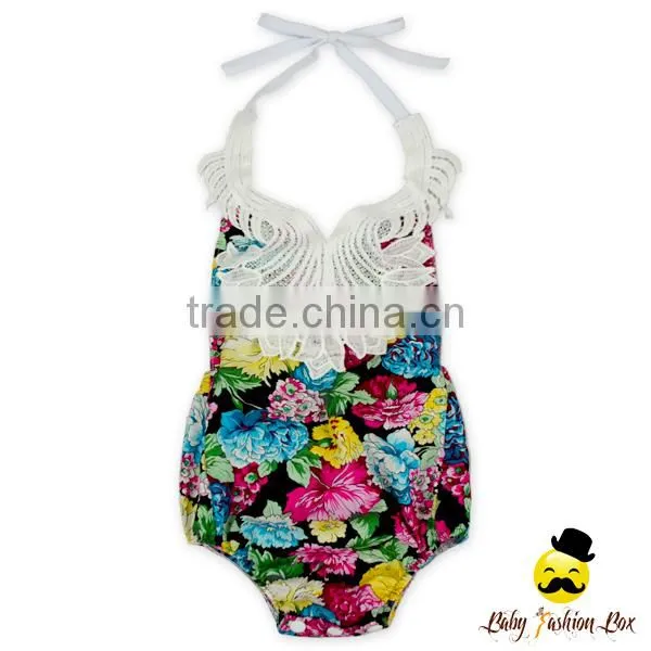 0-2 Years Summer Cotton Flower Printed Halter Lace Froal Infant Newborn Baby Girl Vintage Romper Clothes photo-3