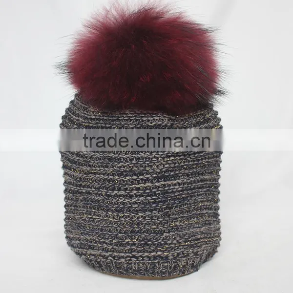 Myfur Multi-Color New Striped Pattern Wool Acrylic Knitting Hat With Real Raccoon Fur Pom Poms photo-2