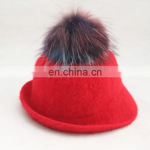 New Fashion Wholesale Ladies Red Straw Fedora Hat With Real Fur Pom Pom photo-4
