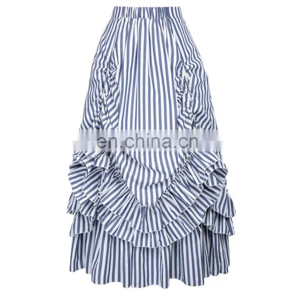 Belle Poque Retro Vintage Gothic Style Blue & White Stripes Bustle Skirt BP000354-2 photo-2