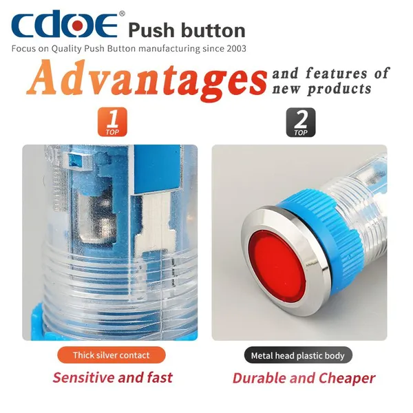 Ip67 16mm Flat and Ring Illumination Head 12v Plastic 1no1nc Security Push Button Switch Momentary photo-5