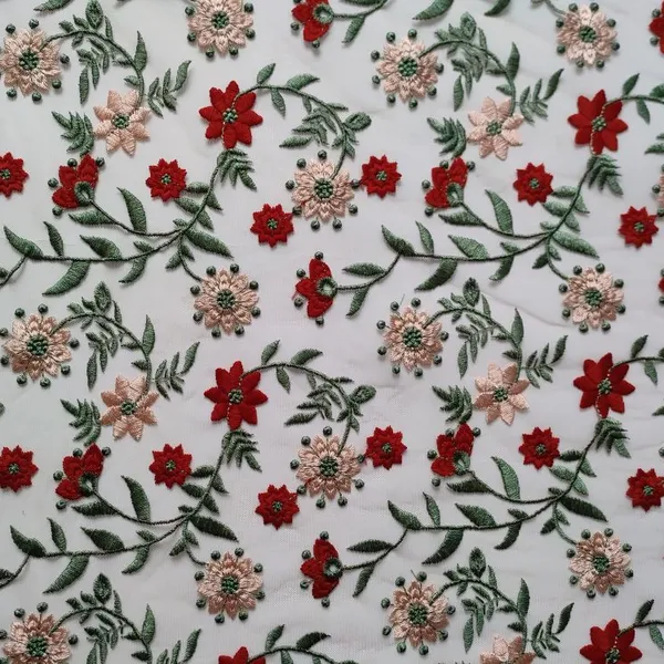 XF6056 Floral Embroidered Fabric Colorful Plants Tulle Embroidery Fabric photo-4