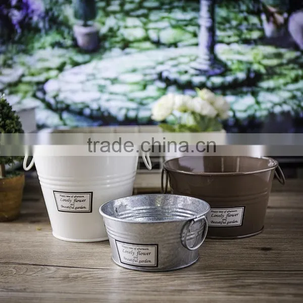 Retro Design Oval Galvanized Iron Flower Pot Metal Garden Planter Pot With Double Handles photo-3
