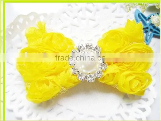 CF0730 New Designs Small Bead Ruffle Rose Rossete Bow for Hair Clip Decoration. photo-5