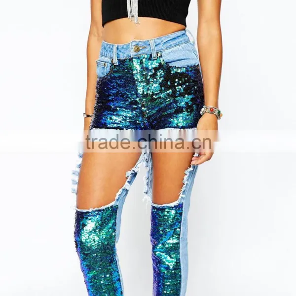 Hot Sex Funky Bling Bling Hollow Out Damaged Jeans for Girls photo-3