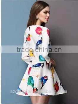 Casual 2015 Summer Style Sexy Bodycon Birds Print O Neck Pleated Party White Dress Women Vestidos Cheap Clothes China photo-2