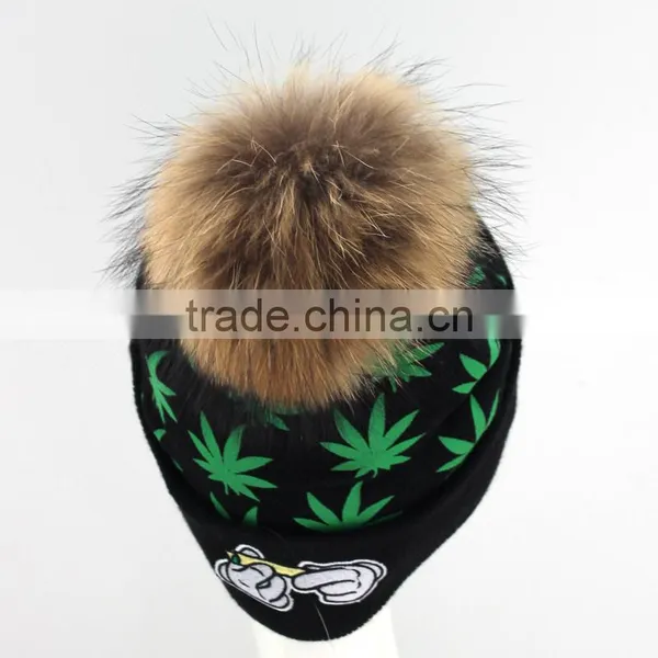 Myfur Adult Screen Green Leaf Printed Skull Hat With Real Fur Pom Pom photo-2