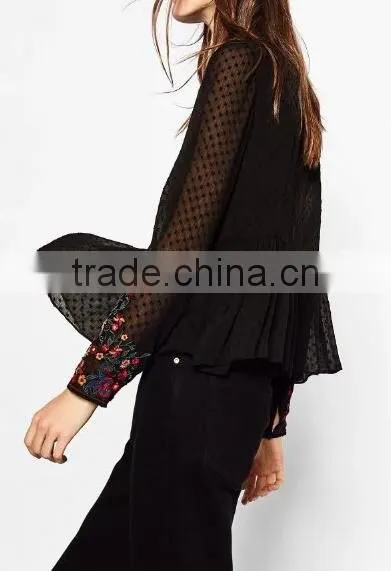 Runwaylover EY2364B Ladies Fashion 2017 Full Embroidery Chiffon Transparent Blouse photo-4