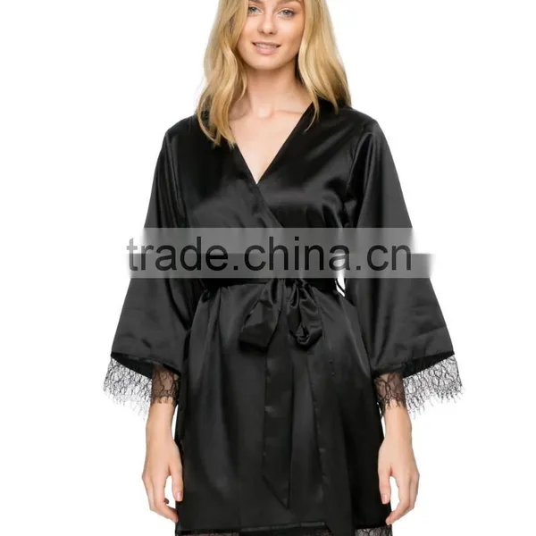 Fashion Wrap Front Long Sleeves Robe Relaxed Fit Silk Robe With Belt photo-2