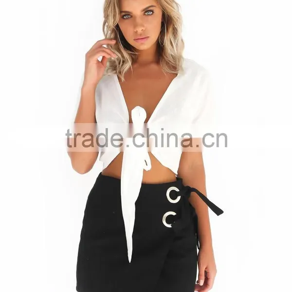 Latest Design Sexy Deep V Neck Crop Tops Short Sleeve Blouse 2017 photo-5