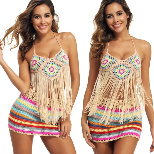 Hand Crocheted Beach Fringed Bikini Split Prismatic Swimsuit Set
