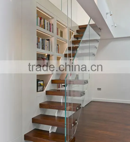 wood floating stairs with glass railing