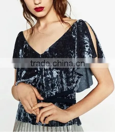 Runwaylover EY2382B Sexy Deep V-Neck 2017 Ladies Falbala Crop Tops photo-3