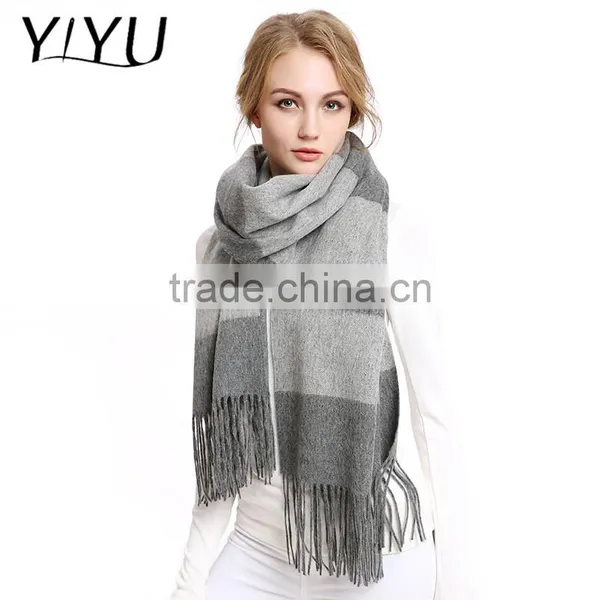 Women Elegant Soft Color Block Tassel Hem Wool Cashmere Wrap Shawl photo-5