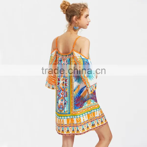 Print Kimono Sleeve Dress, Women Cold Shoulder Spaghetti Strap Dress photo-4