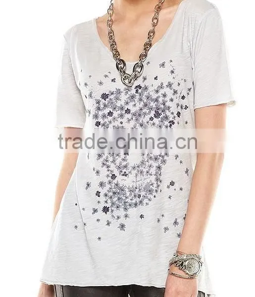Rock Stylish Young Women Tunic Tops Light Grey Floral Skull Loose T Shirt Short Sleeves photo-2