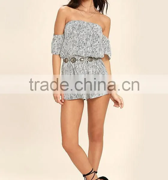 Summer off Shoulder Black and White Stripe Romper Women for Wholesale photo-2