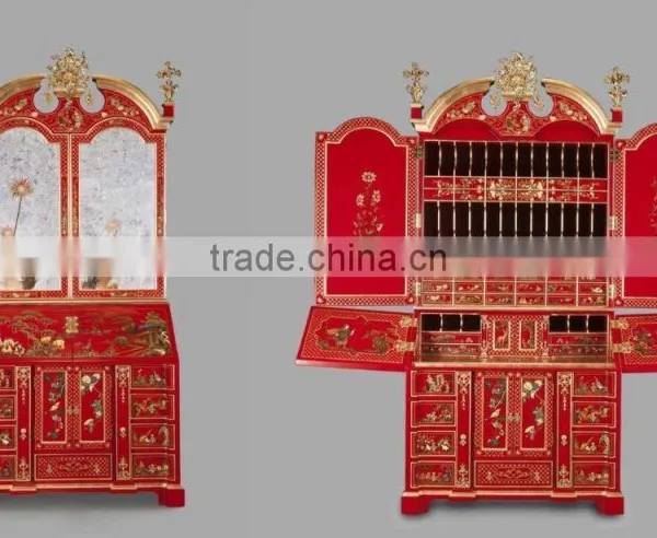 Antique Hand Carved Classic Curio Cupboard Inlaied Seasell Mosaic, Gold Gilding Wooden Display Cabinets With Flowers Paint Motif photo-2