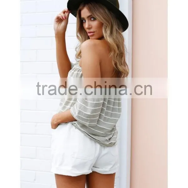 Summer Beach Clothing Khaki White Stripe Off Shoulder Top Women photo-3