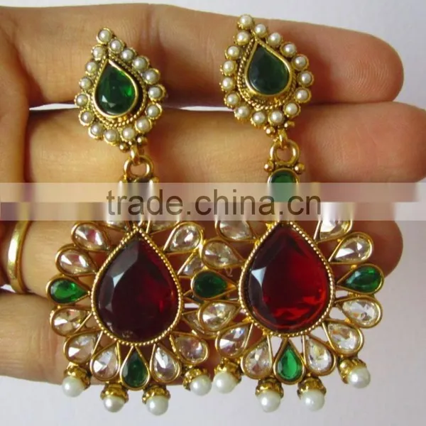 GOLD Plated Maroon Red Polki Pearl Bollywood Necklace EARRING Bridal WEDDING Set photo-3