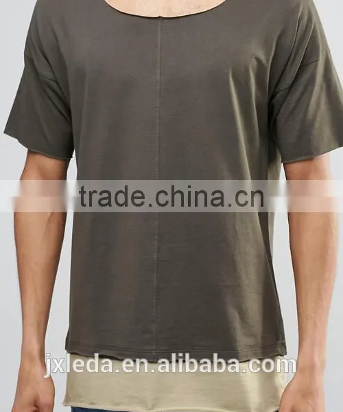 Men Cheap Plain Boat Neck Longline Army Green T-shirt Wholesale photo-3
