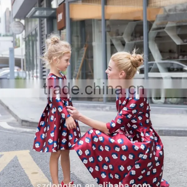 Match Mom And Daughter Custom Made Adult And Child Long Sleeve Printed Fall Dress photo-3
