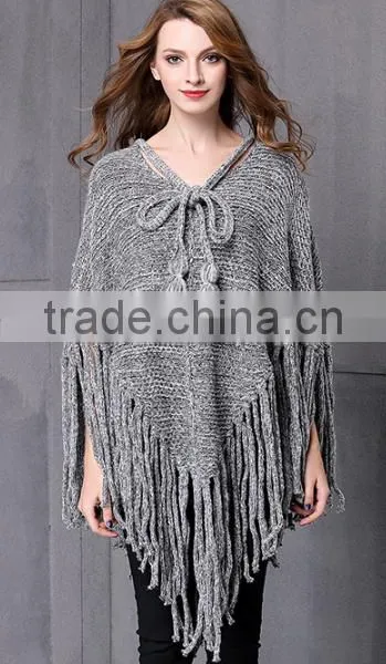 2017 Ladies Stylish Custom Made Tassels Hem Pullover Sweater Poncho With Best Quality photo-2