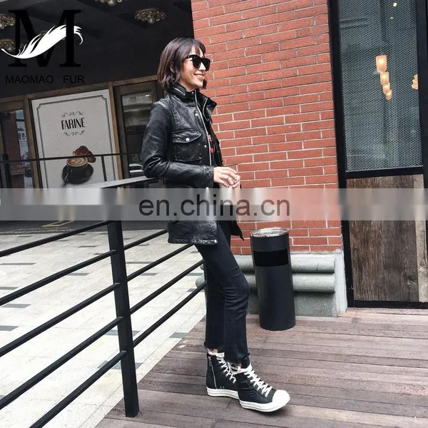 High Quality Popular Young Women Real Sheep Leather Garment Spring Ladies Long Black Coat photo-6