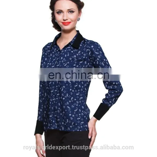 BLUE PRINTED SHIRT WITH CONTRAST COLLAR AND CUFF DESIGNER TOP LADIES NEW DESIGN FASHION TOP photo-4
