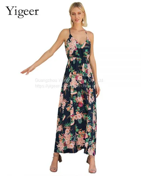 Sleeveless Floral Printed V-neck Long Maxi Dress