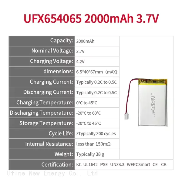 Chinese Lithium-Ion Cell Factory Wholesale 3.7v UFX 654065 2000mah Rechargeable Battery Pack For Portable Medical Equipment photo-2