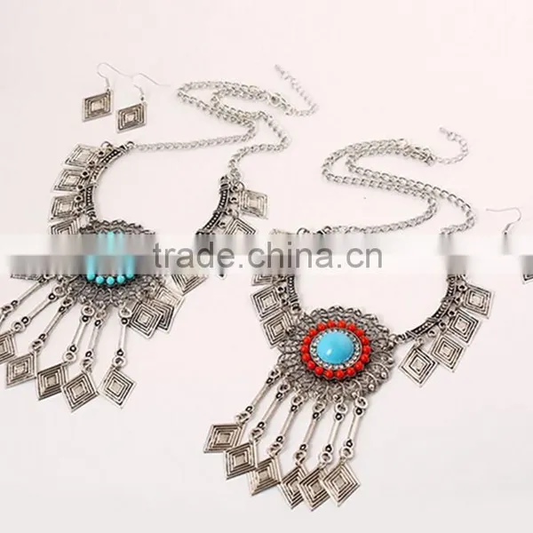 Fashion Jewelry Vintage Look National Style Turquoise Jewelry Set Long Chain Necklace Set photo-3