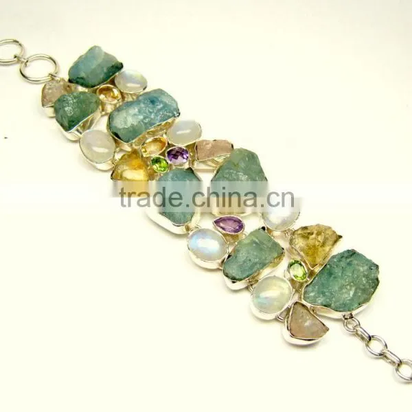 Rough Aquamarine Citrine Rainbow Moonstone Natural Gemstones 925 Sterling Silver Bracelet